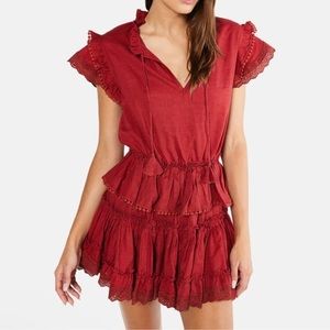 Misa Lillian Rust Orange/Red Tiered Ruffle Blouson Linen Blend Mini Dress Small